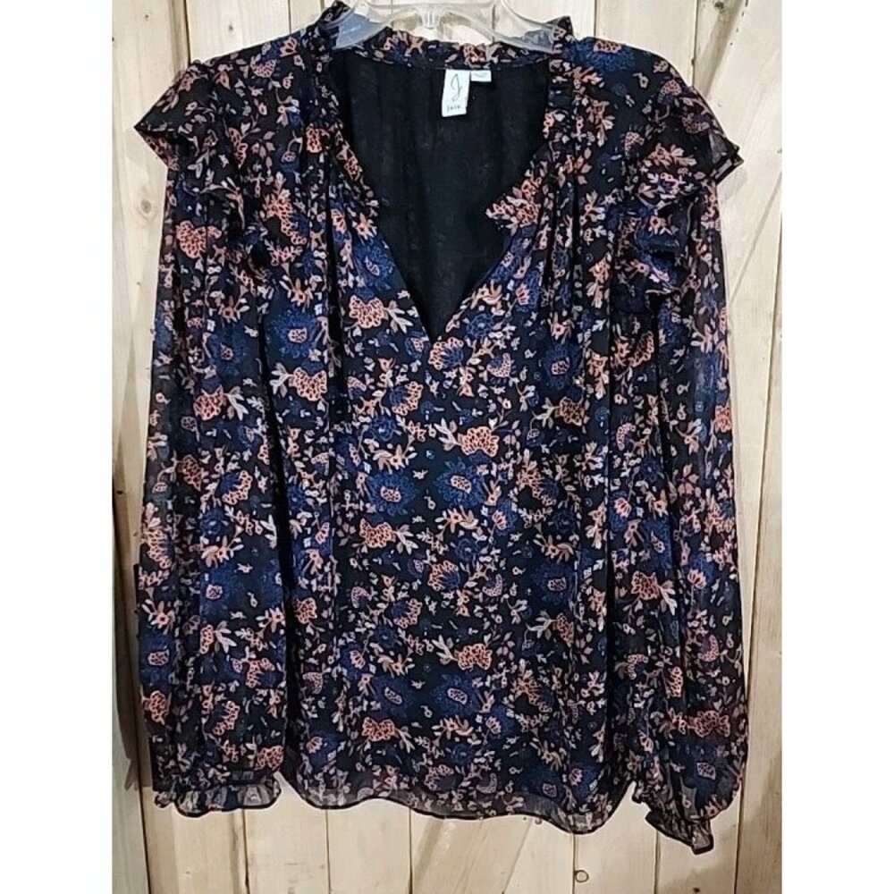 JOIE Peasant Floral Blouse‎ Black Blue Peach Gold Thread Long Sleeves Ruffles XL